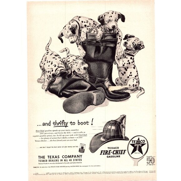 1952 Texaco Fire Chief Gasoline Gas Vintage Print Ad Dalmation Puppies Wall Art - Picture 1 of 2